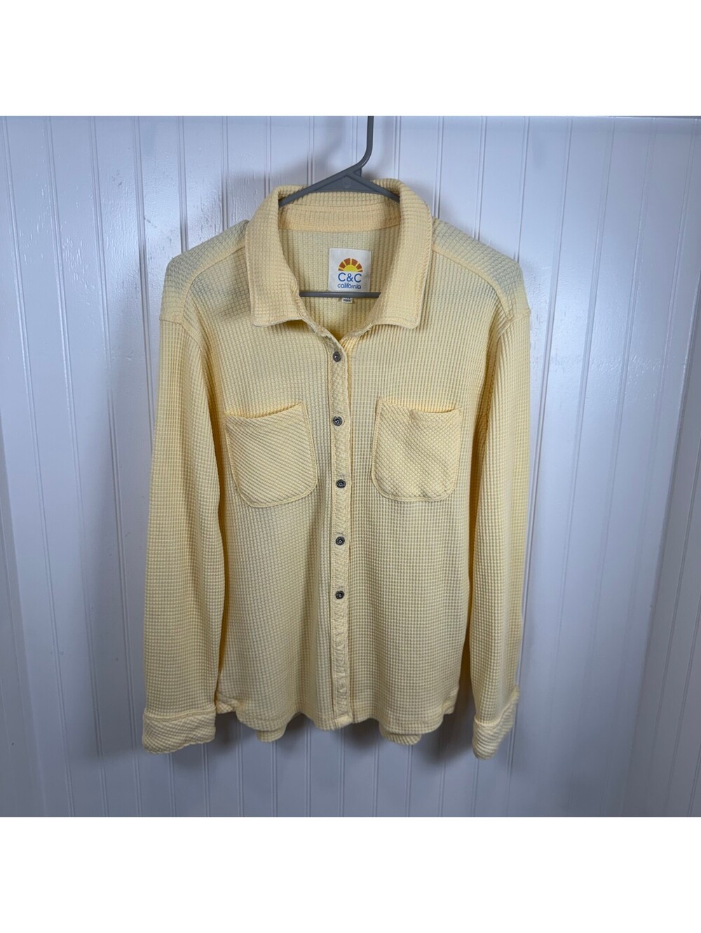 C&C California Womens Medium Yellow Waffle Knit Button-Up Shirt Long Sleeve